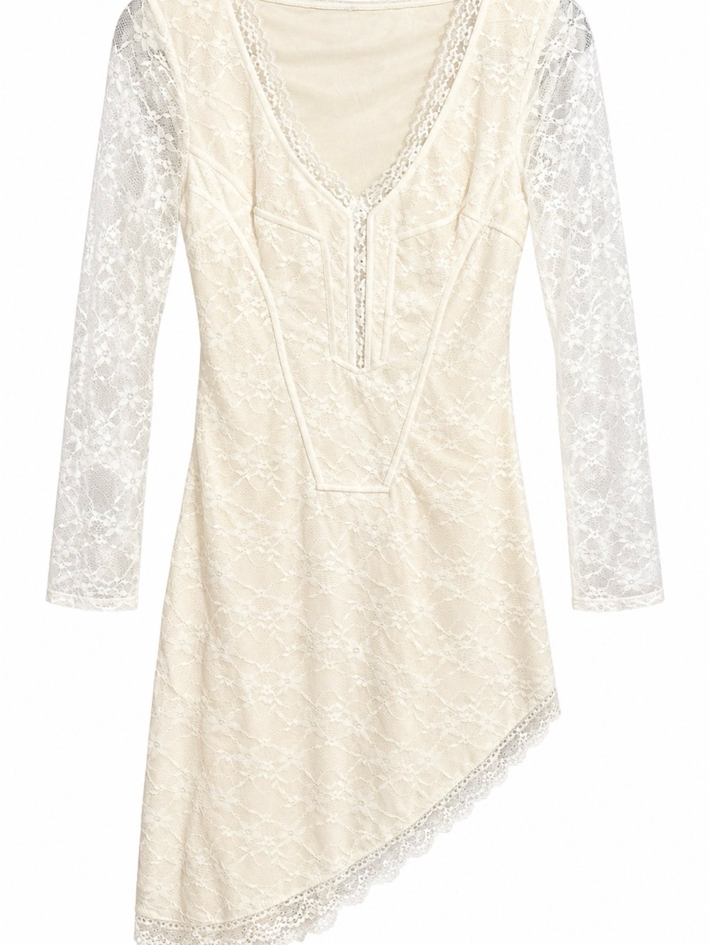 Vintage Lace Fairy Core Coquette Asymmetrical V-Neck Dress - Cream,M